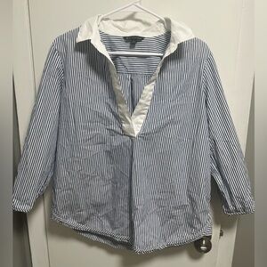 Brooks Brothers Women Navy and White Striped Shirt with White Collar